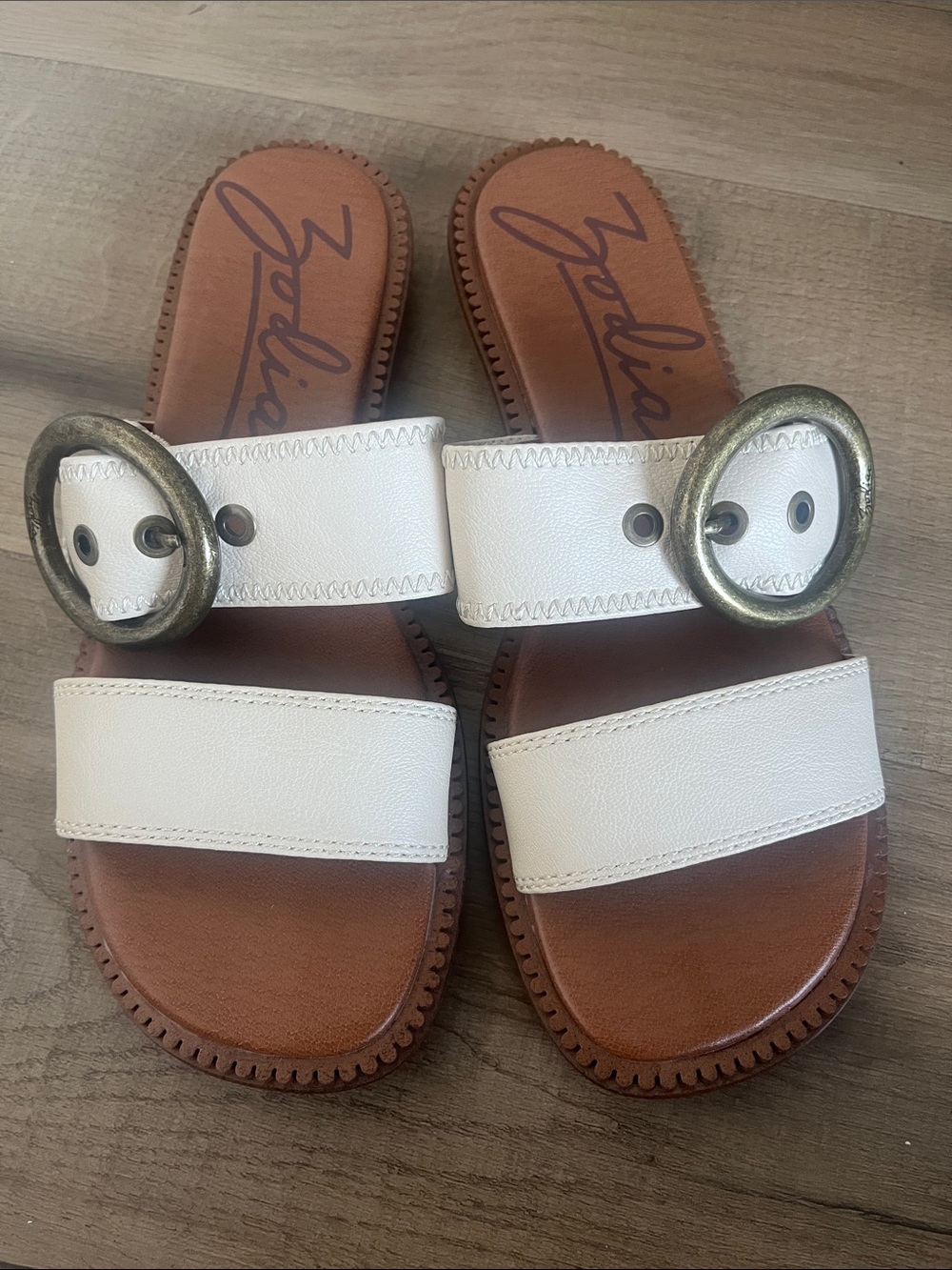 Zodiac Frida White Double-Strap Slide Sandals with Antique Gold Buckle